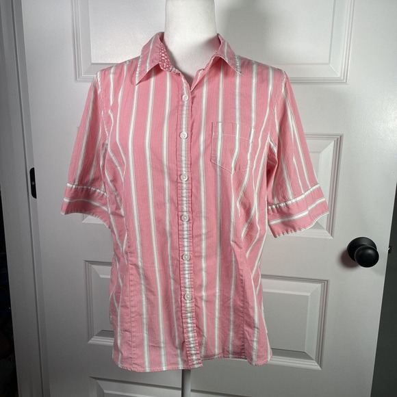 LL Bean Pink Green Stripe Woman’s Blouse Size L Large Short Half Sleeve - Picture 1 of 6
